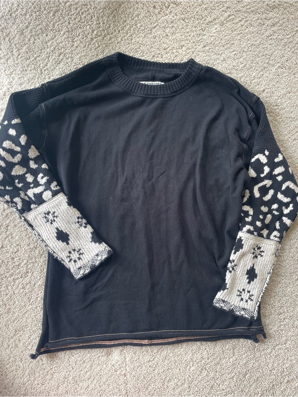 We The Free Black Crewneck Sweater with Patterned Contrast Sleeves